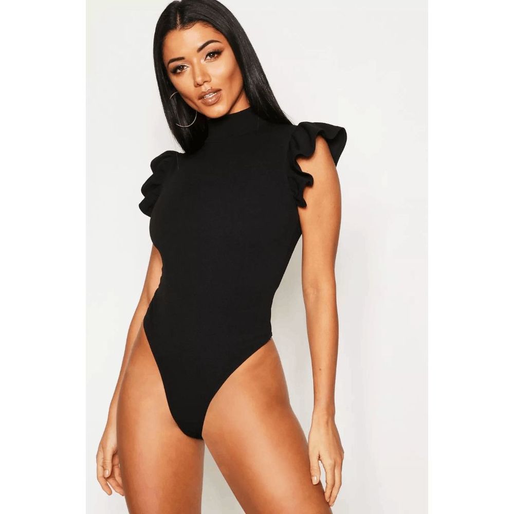 BOOHOO Women's High Neck Frill Sleeve Bodysuit Black Size 12